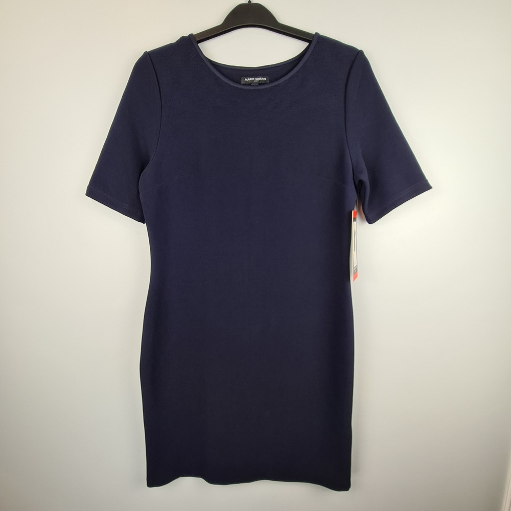 Mario Serrani Italy Women's Textured Knit Stretch Shift Dress Navy Size M Ribbed